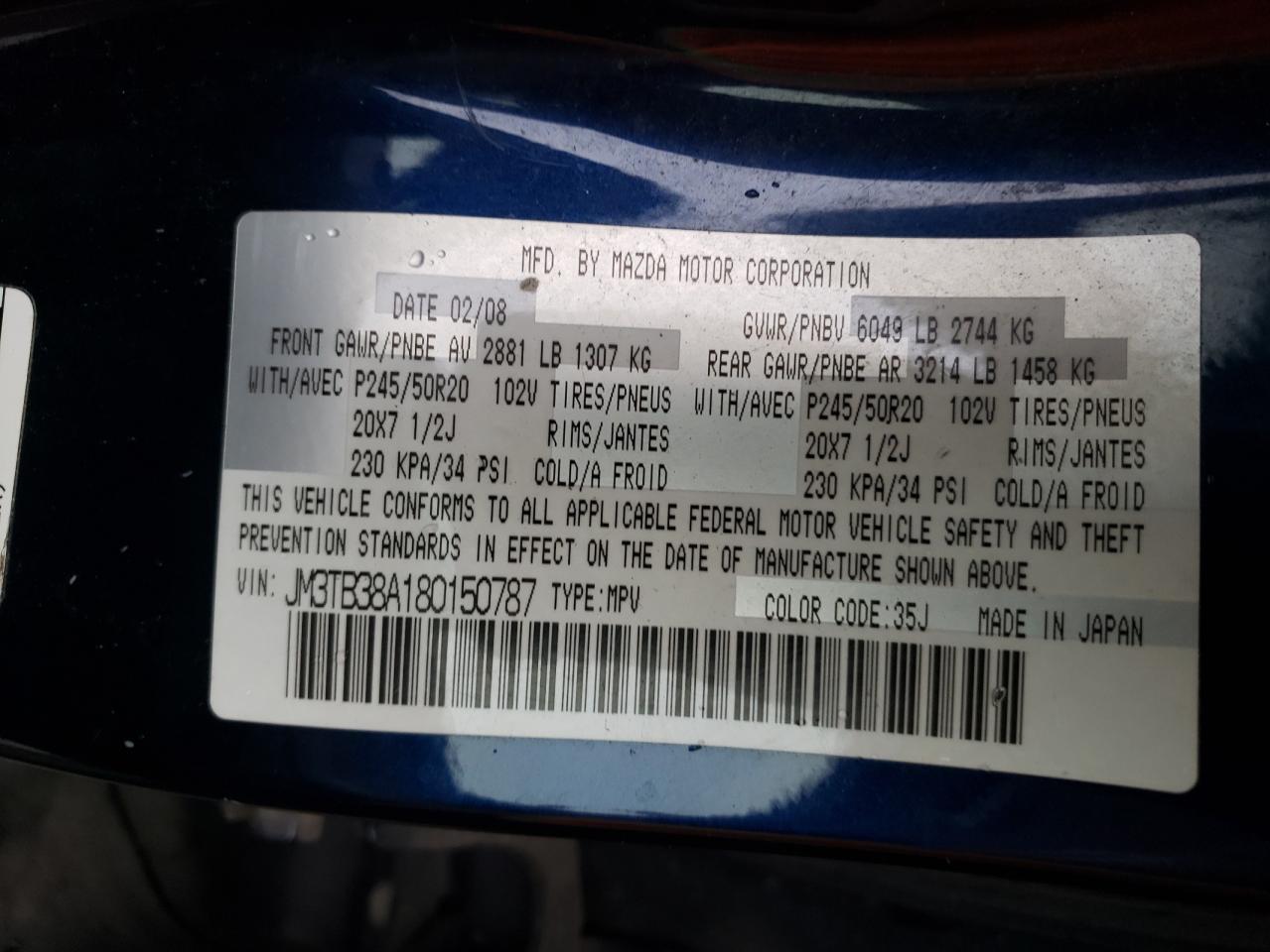 Photo 10 from auction – 2008 MAZDA CX-9 with VIN JM3TB38A180150787
