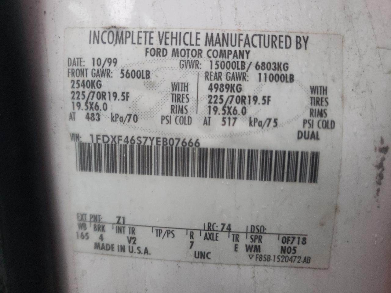 Photo 10 from auction – 2000 FORD F450 SUPER with VIN 1FDXF46S7YEB07666