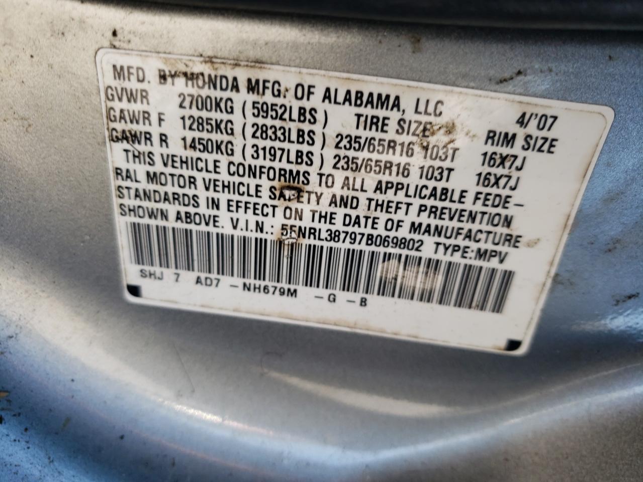 Photo 10 from auction – 2007 HONDA ODYSSEY EX with VIN 5FNRL38797B069802