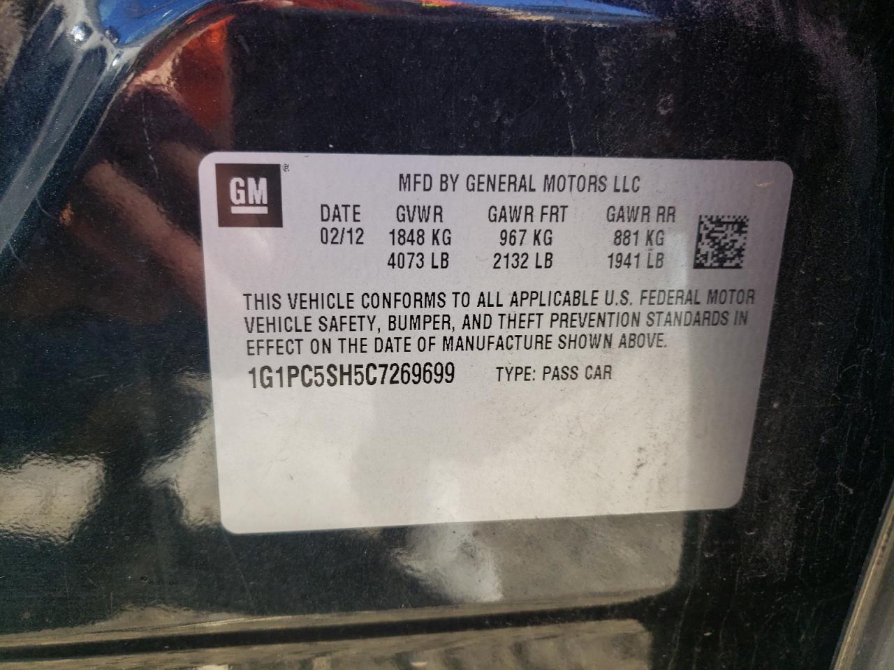 Photo 10 from auction – 2012 CHEVROLET CRUZE LS with VIN 1G1PC5SH5C7269699