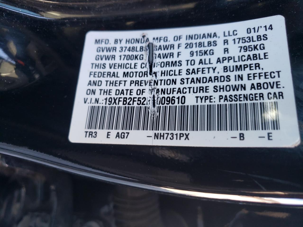 Photo 10 from auction – 2014 HONDA CIVIC LX with VIN 19XFB2F52EE009610