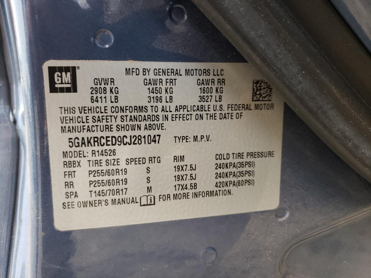 Photo 10 from auction – 2012 BUICK ENCLAVE with VIN 5GAKRCED9CJ281047