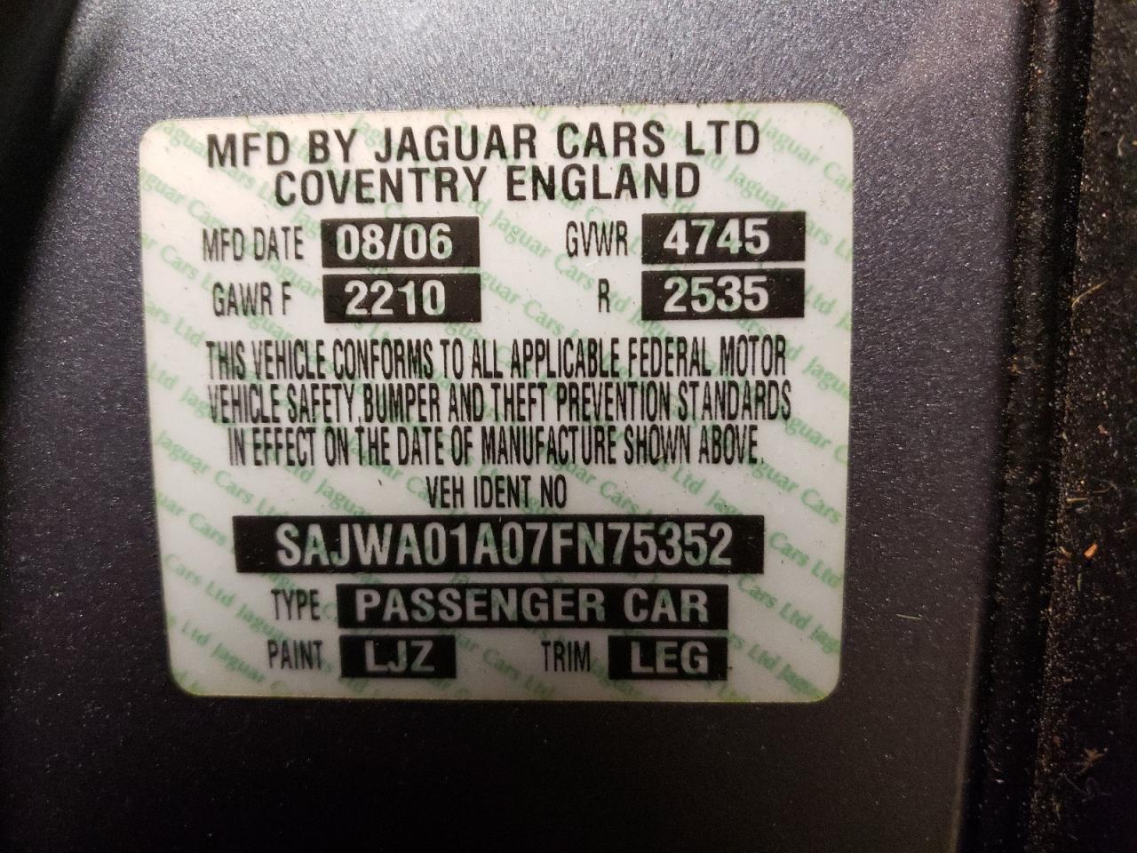 Photo 10 from auction – 2007 JAGUAR S-TYPE with VIN SAJWA01A07FN75352