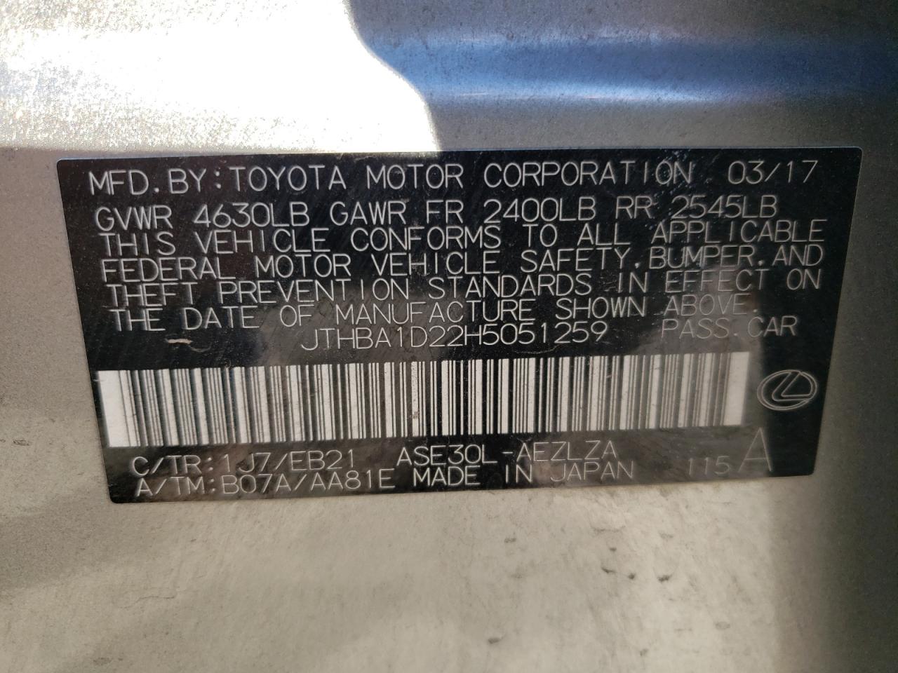 Photo 10 from auction – 2017 LEXUS IS 200T with VIN JTHBA1D22H5051259