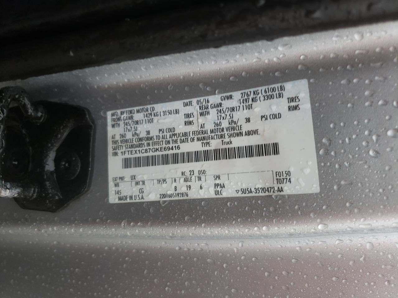 Photo 10 from auction – 2016 FORD F150 SUPER with VIN 1FTEX1C87GKE69416