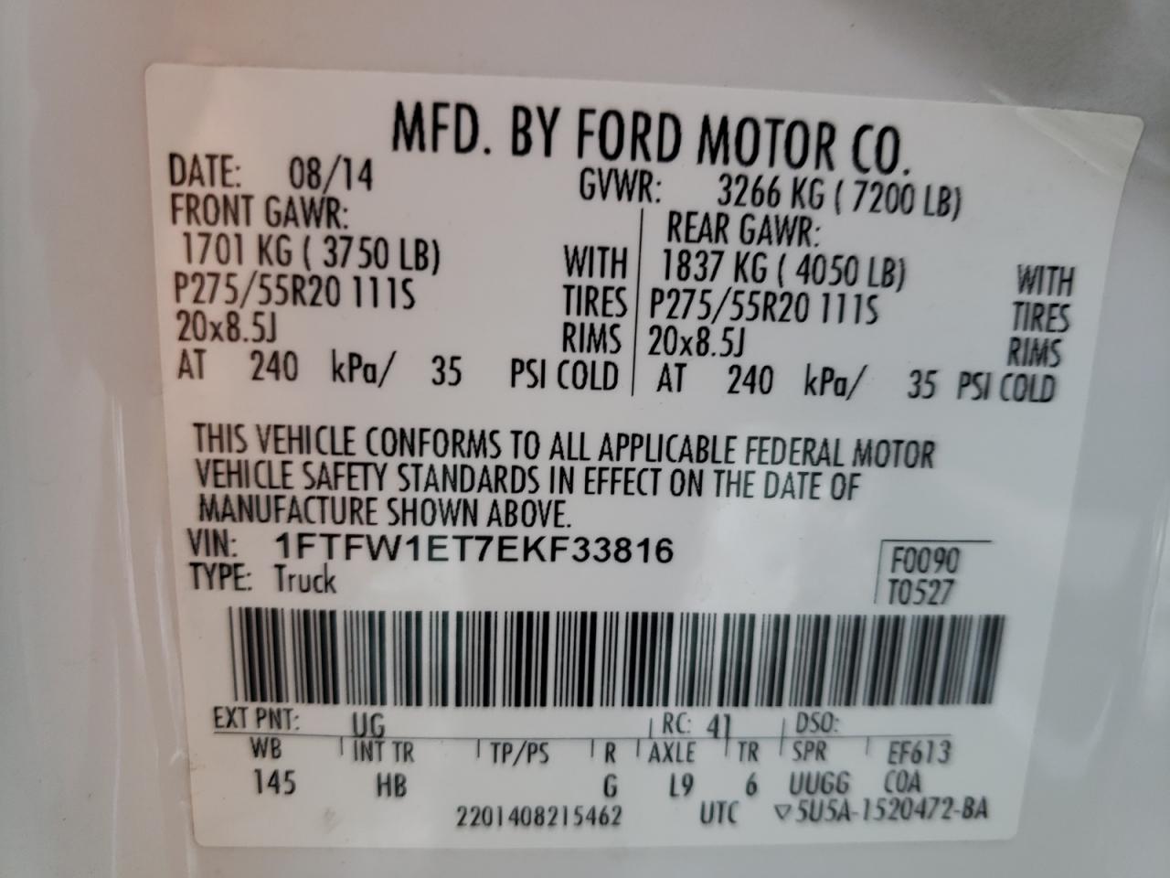 Photo 10 from auction – 2014 FORD F150 SUPER with VIN 1FTFW1ET7EKF33816