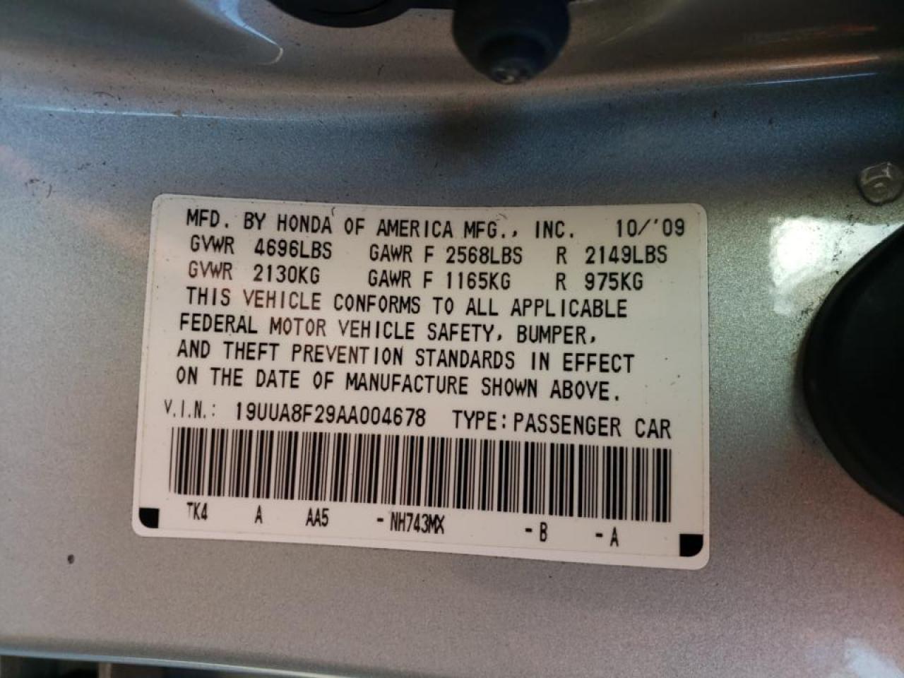 Photo 10 from auction – 2010 ACURA TL with VIN 19UUA8F29AA004678