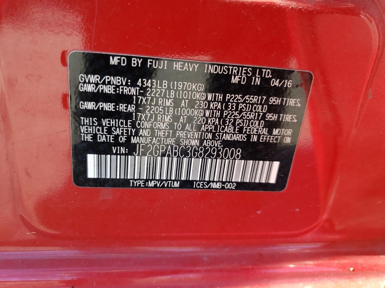 Photo 10 from auction – 2016 SUBARU CROSSTREK with VIN JF2GPABC3G8293008