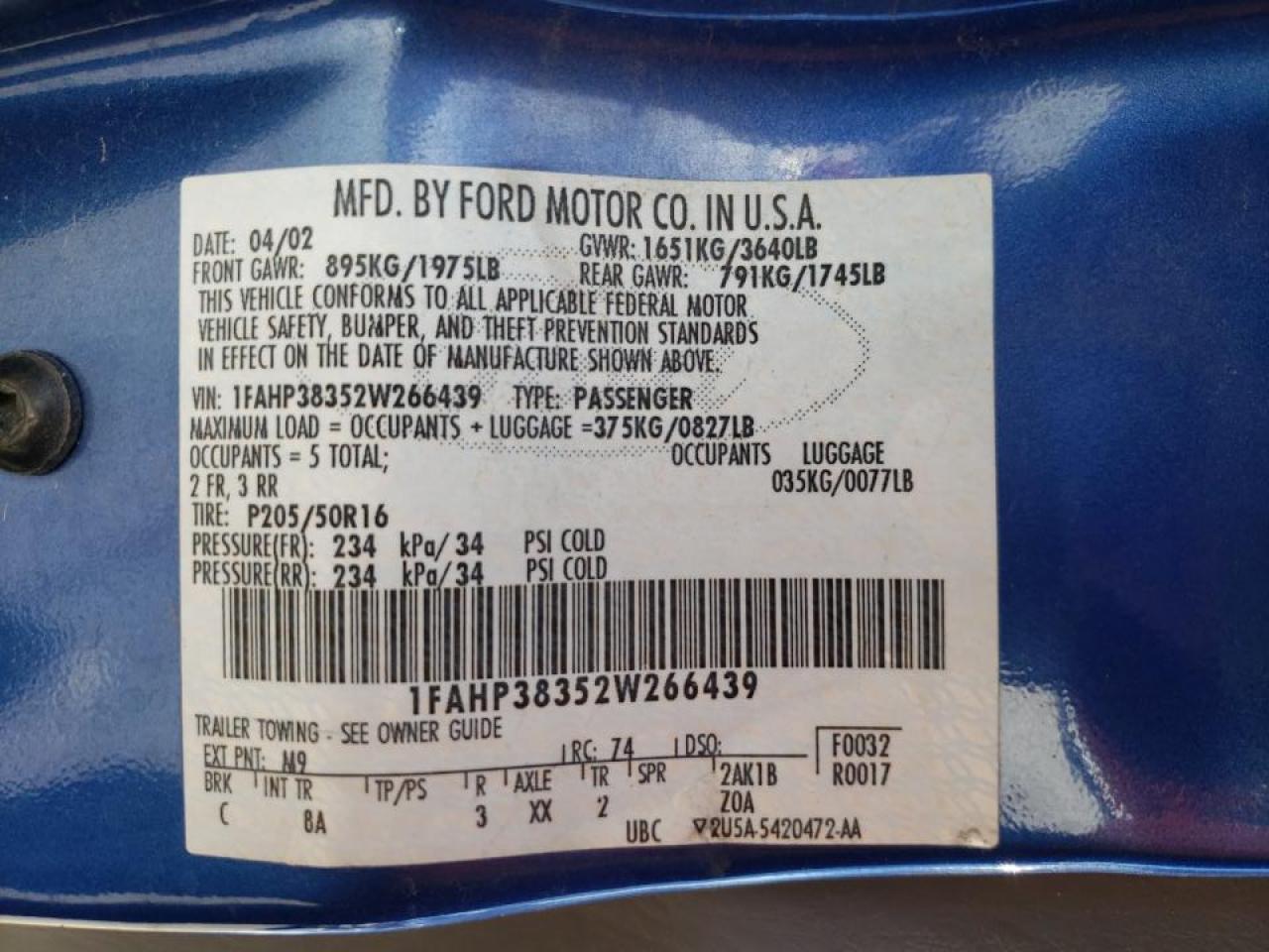 Photo 10 from auction – 2002 FORD FOCUS ZTS with VIN 1FAHP38352W266439