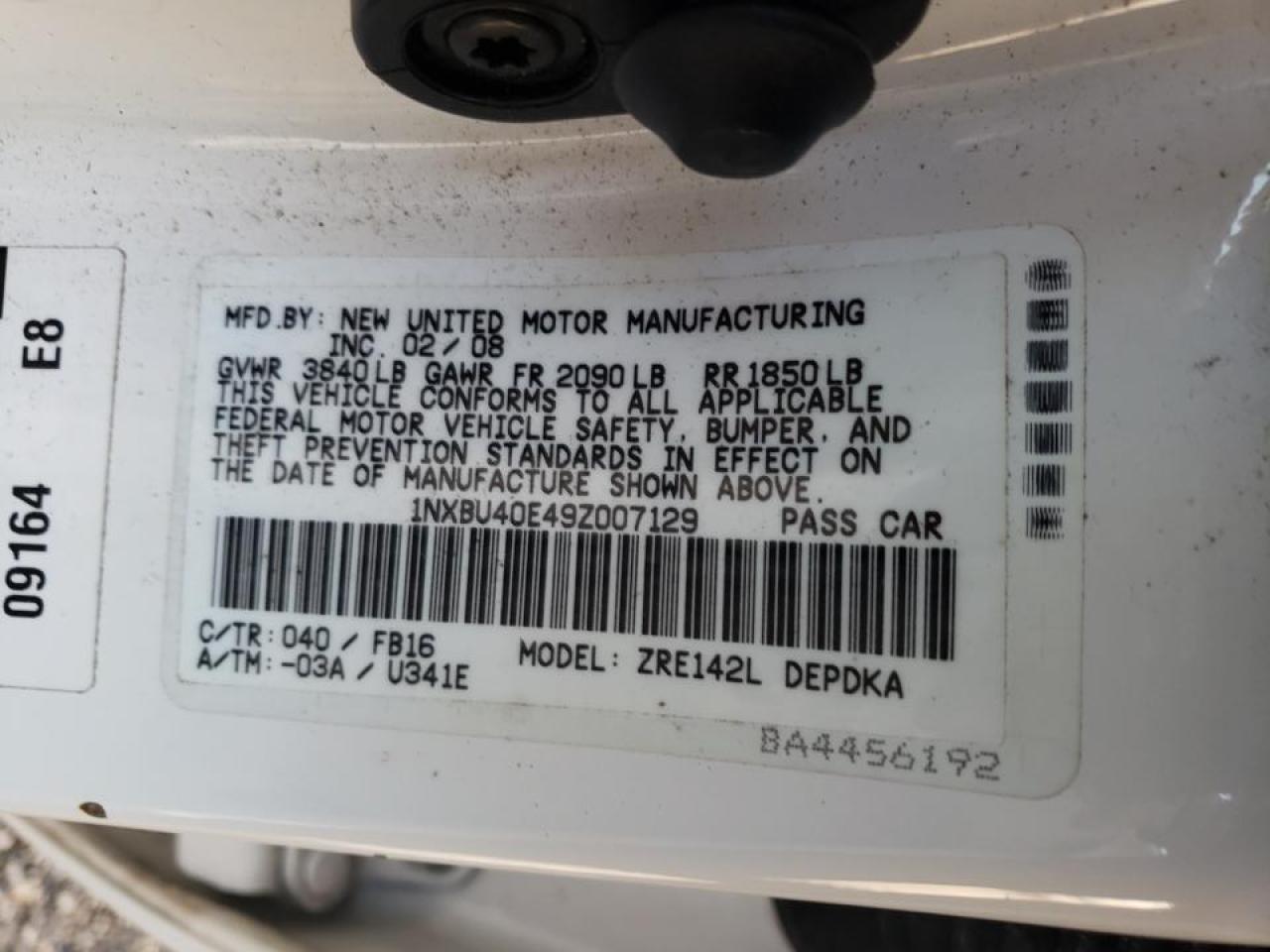 Photo 10 from auction – 2009 TOYOTA COROLLA BA with VIN 1NXBU40E49Z007129