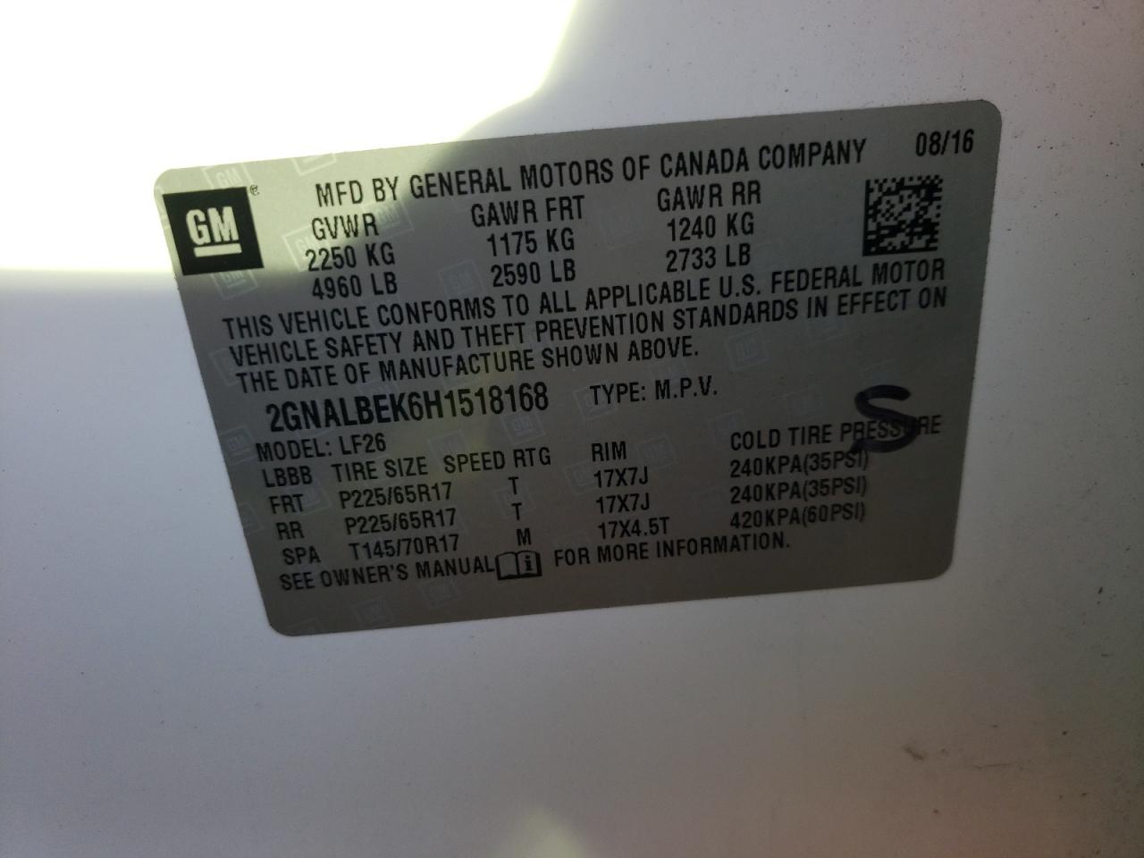 Photo 10 from auction – 2017 CHEVROLET EQUINOX LS with VIN 2GNALBEK6H1518168