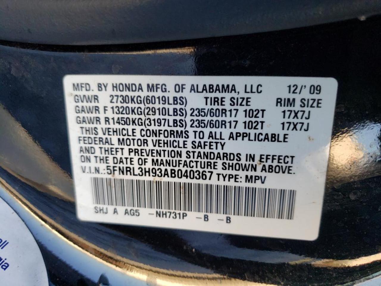 Photo 10 from auction – 2010 HONDA ODYSSEY TO with VIN 5FNRL3H93AB040367