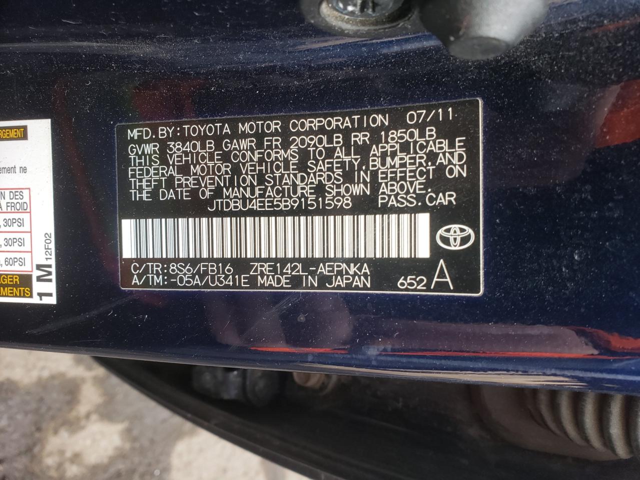 Photo 10 from auction – 2011 TOYOTA COROLLA BA with VIN JTDBU4EE5B9151598