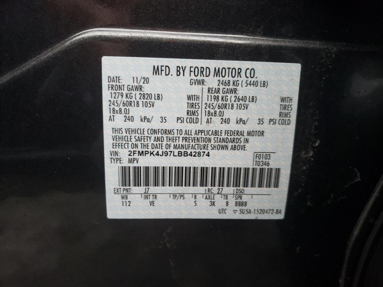 Photo 10 from auction – 2020 FORD EDGE SEL with VIN 2FMPK4J97LBB42874