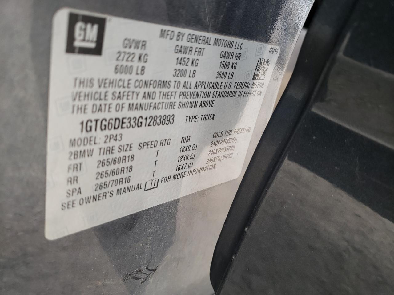 Photo 10 from auction – 2016 GMC CANYON SLT with VIN 1GTG6DE33G1283893