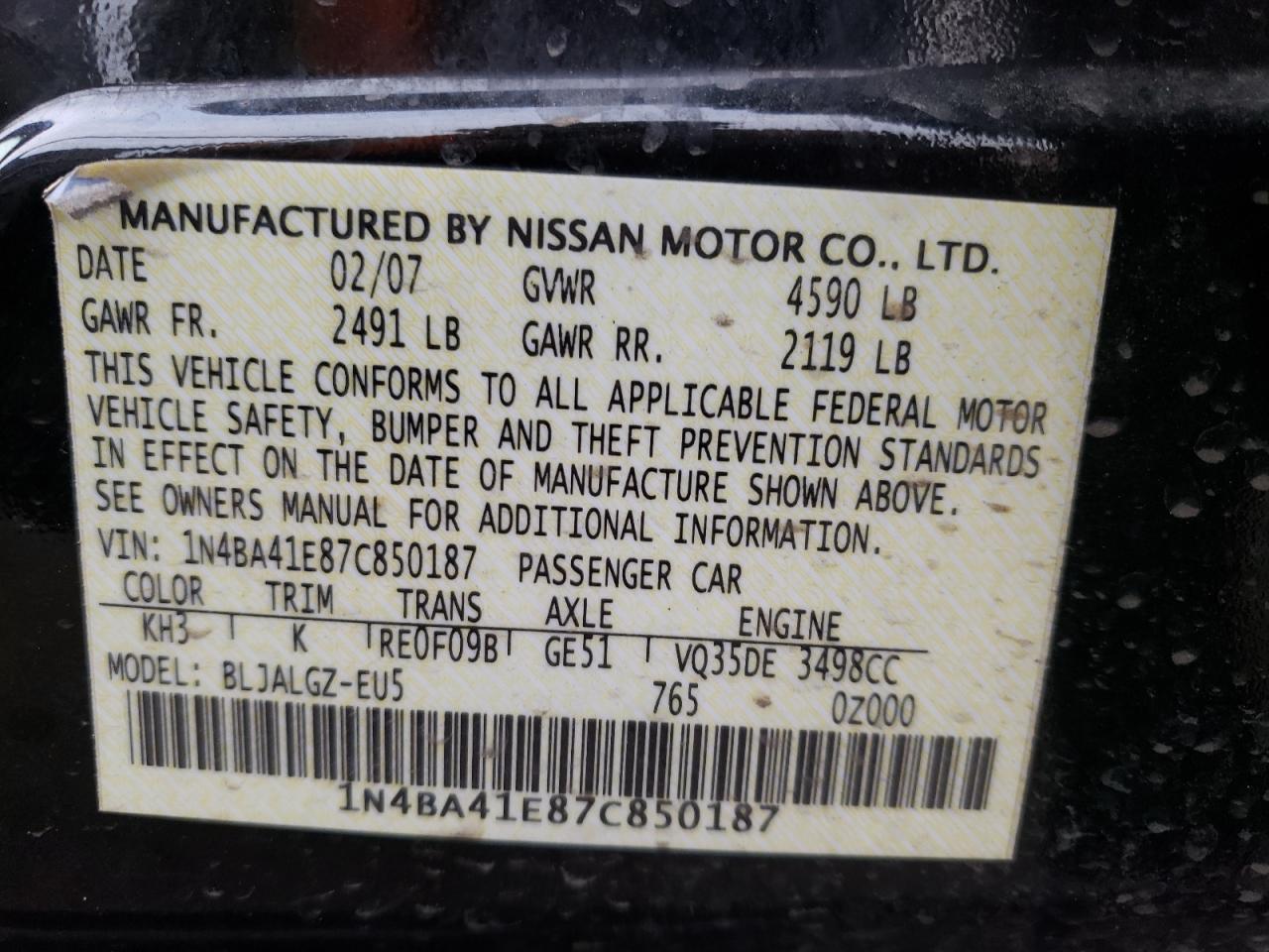 Фото 10 с аукциона – 2007 NISSAN MAXIMA SE с VIN 1N4BA41E87C850187