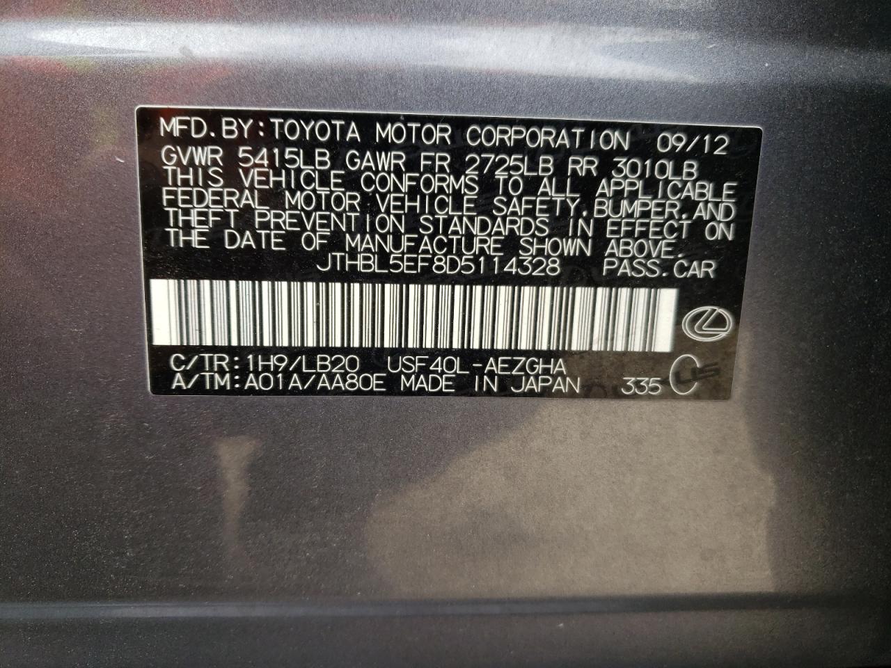 Photo 10 from auction – 2013 LEXUS LS 460 with VIN JTHBL5EF8D5114328