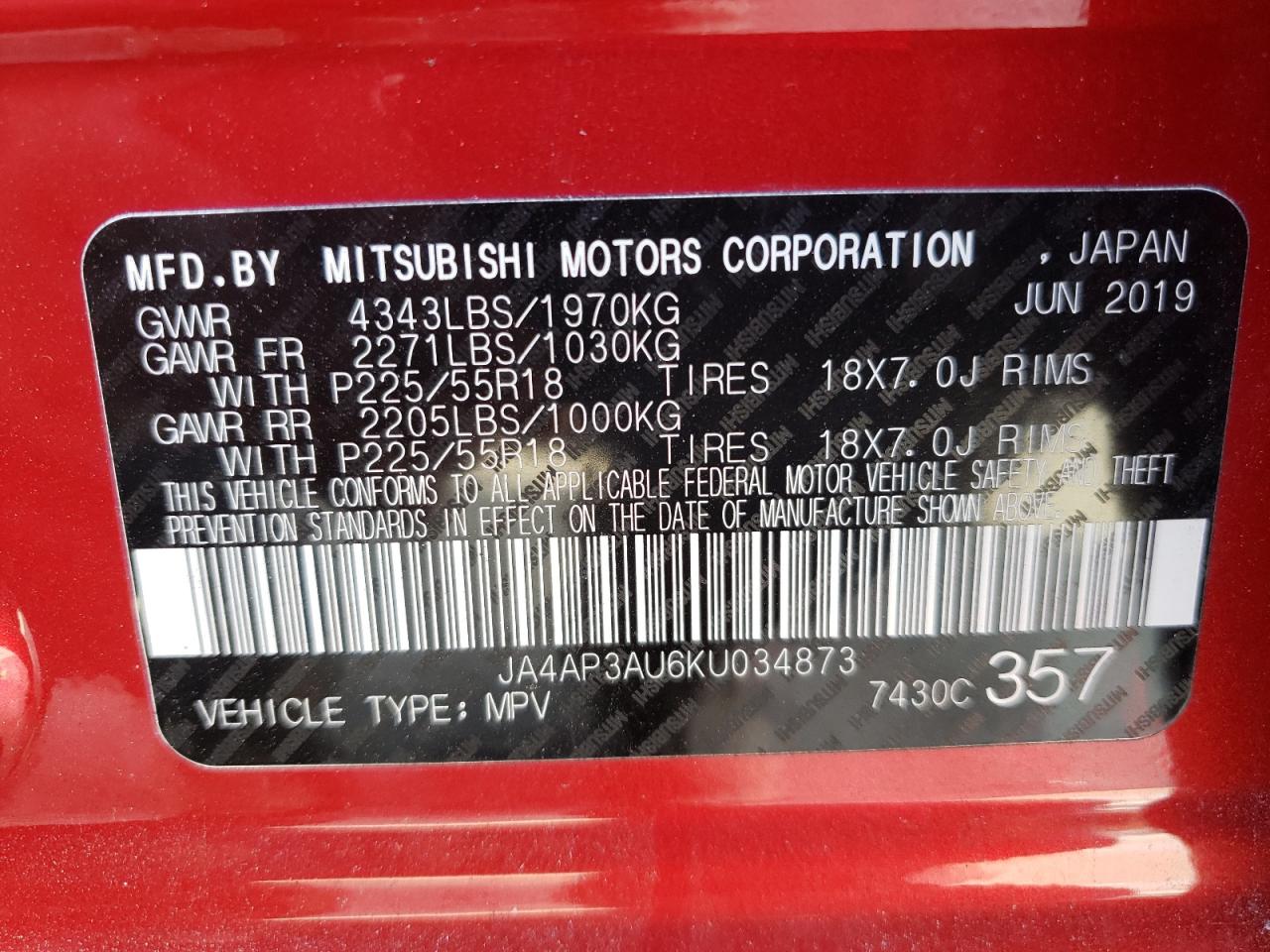 Photo 10 from auction – 2019 MITSUBISHI OUTLANDER with VIN JA4AP3AU6KU034873