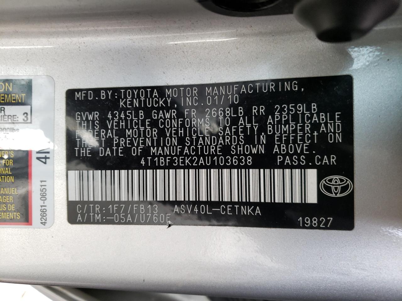 Photo 10 from auction – 2010 TOYOTA CAMRY BASE with VIN 4T1BF3EK2AU103638