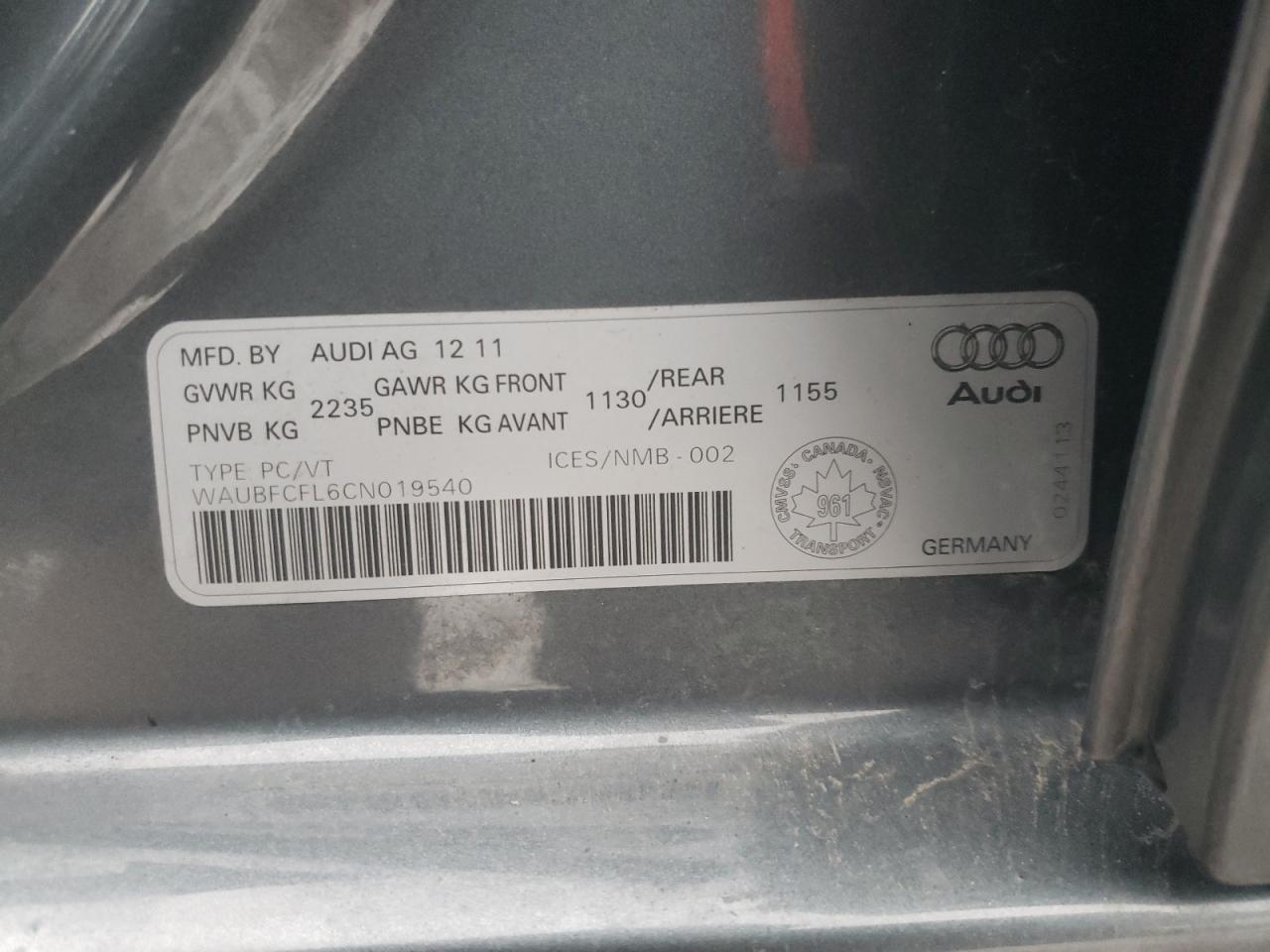 Photo 10 from auction – 2012 AUDI A4 PREMIUM with VIN WAUBFCFL6CN019540