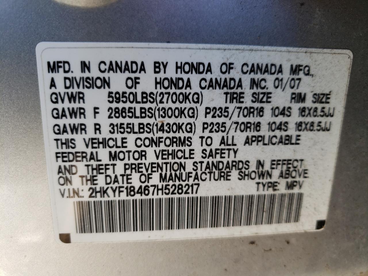 Photo 10 from auction – 2007 HONDA PILOT EX with VIN 2HKYF18467H528217