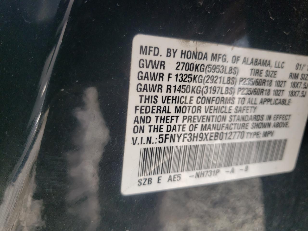 Photo 10 from auction – 2014 HONDA PILOT TOUR with VIN 5FNYF3H9XEB012770