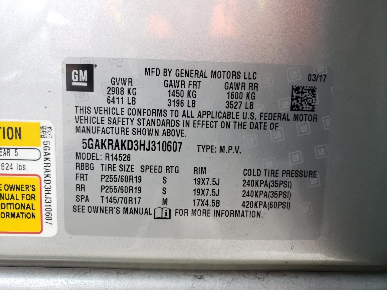 Photo 10 from auction – 2017 BUICK ENCLAVE with VIN 5GAKRAKD3HJ310607
