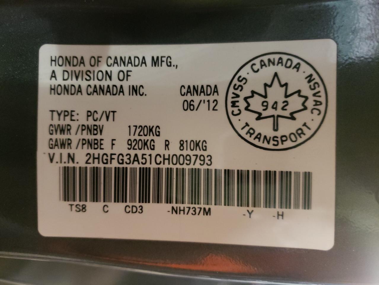 Photo 10 from auction – 2012 HONDA CIVIC LX with VIN 2HGFG3A51CH009793