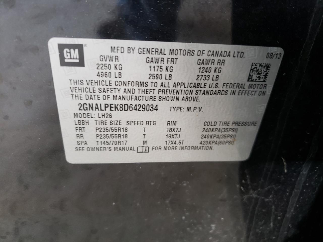 Photo 10 from auction – 2013 CHEVROLET EQUINOX LT with VIN 2GNALPEK8D6429034
