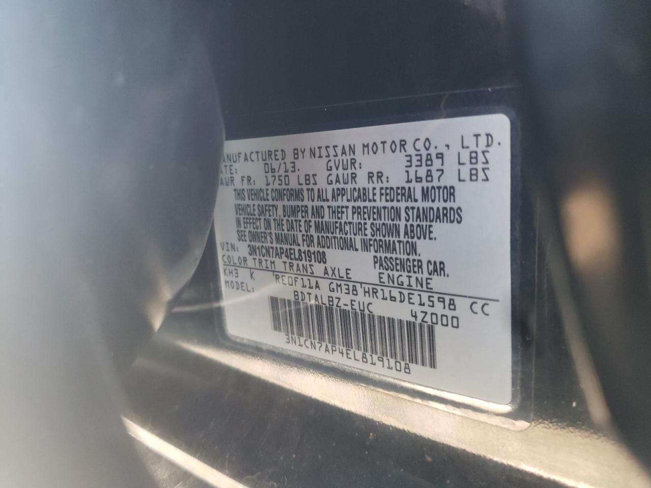 Photo 10 from auction – 2014 NISSAN VERSA S with VIN 3N1CN7AP4EL819108