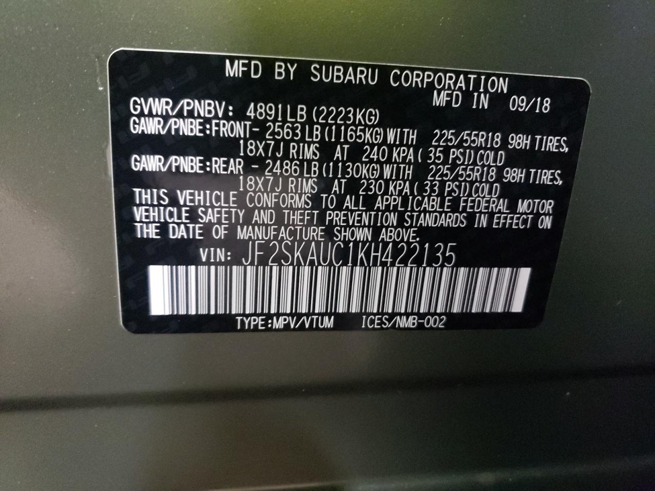 Photo 10 from auction – 2019 SUBARU FORESTER L with VIN JF2SKAUC1KH422135