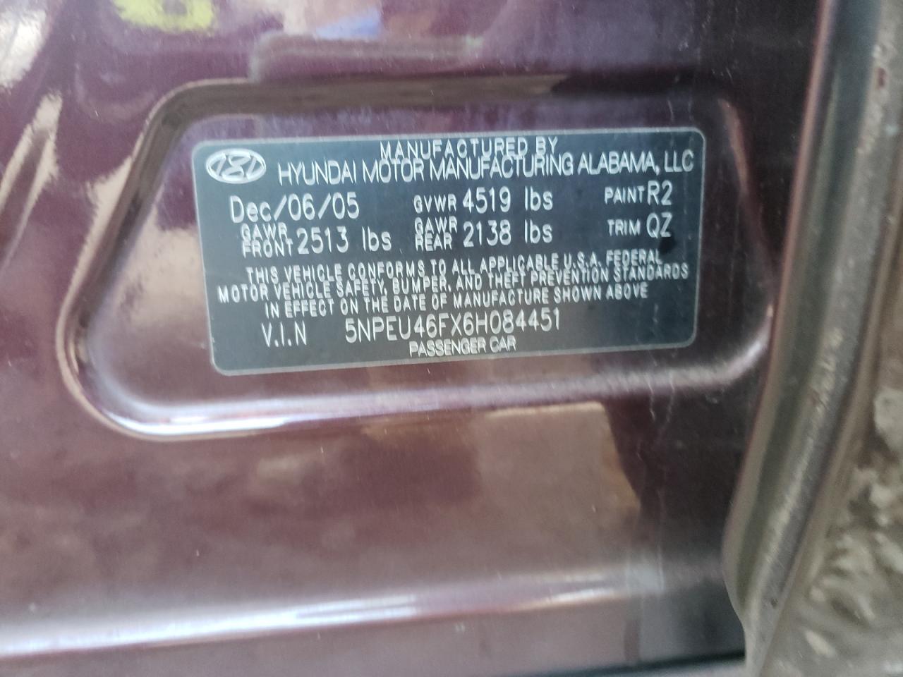 Photo 10 from auction – 2006 HYUNDAI SONATA GLS with VIN 5NPEU46FX6H084451