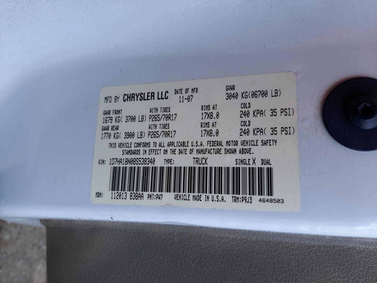 Photo 10 from auction – 2008 DODGE RAM 1500 S with VIN 1D7HA18N08S538340