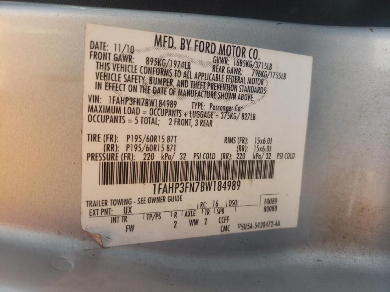 Photo 10 from auction – 2011 FORD FOCUS SE with VIN 1FAHP3FN7BW184989
