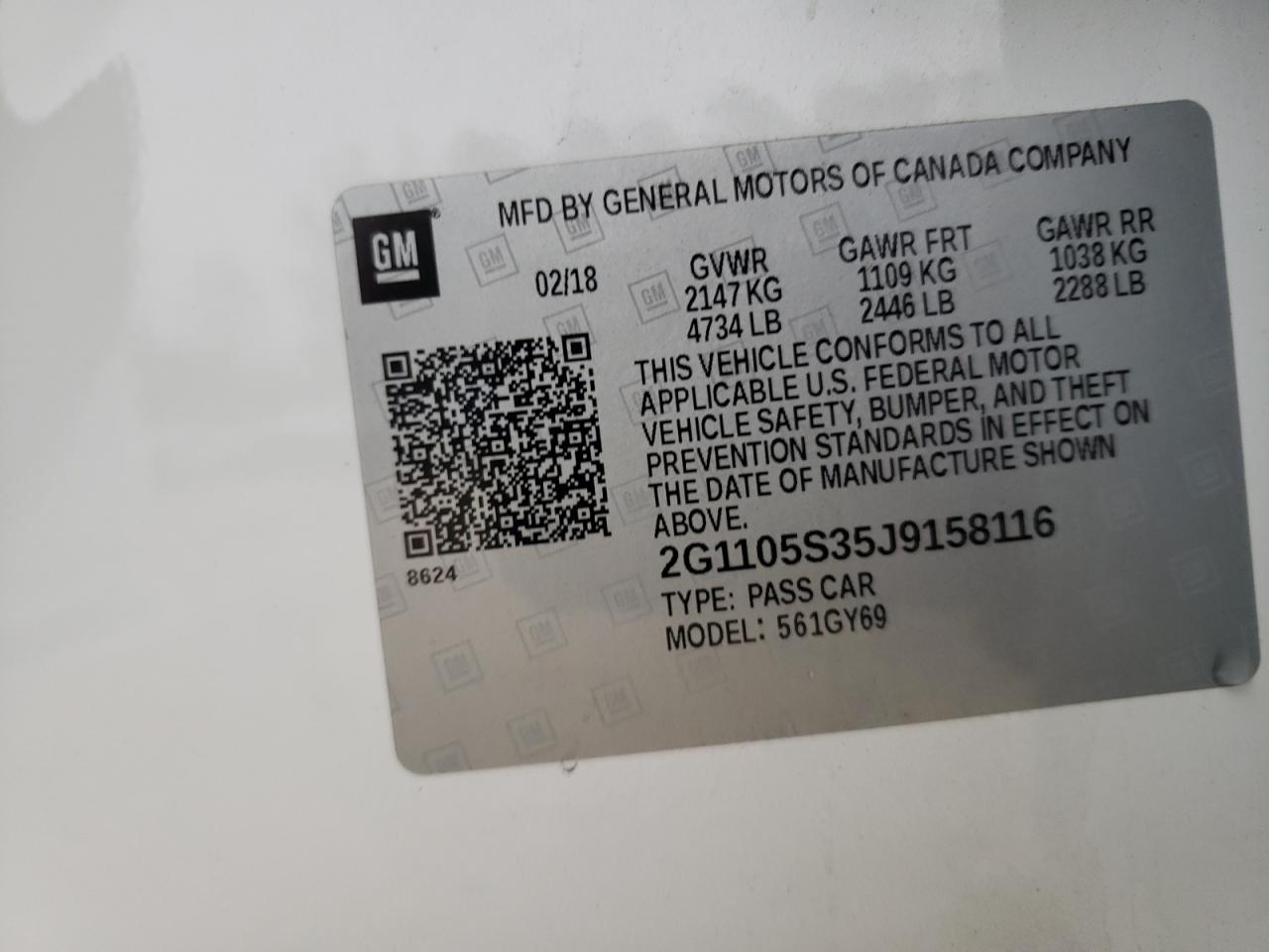 Photo 10 from auction – 2018 CHEVROLET IMPALA LT with VIN 2G1105S35J9158116