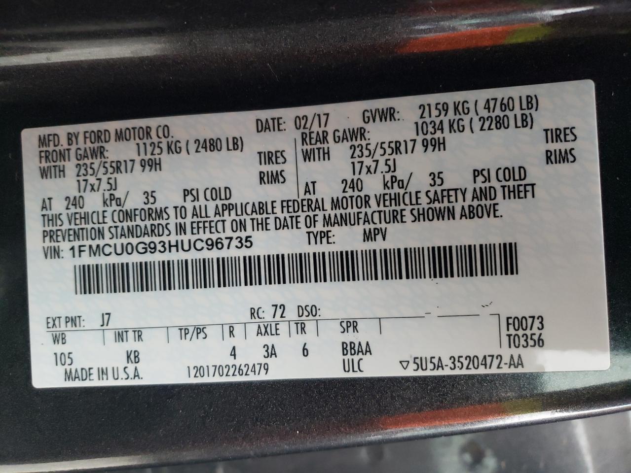 Photo 10 from auction – 2017 FORD ESCAPE SE with VIN 1FMCU0G93HUC96735
