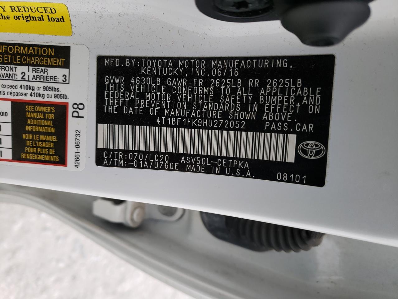 Photo 10 from auction – 2017 TOYOTA CAMRY LE with VIN 4T1BF1FK9HU272052