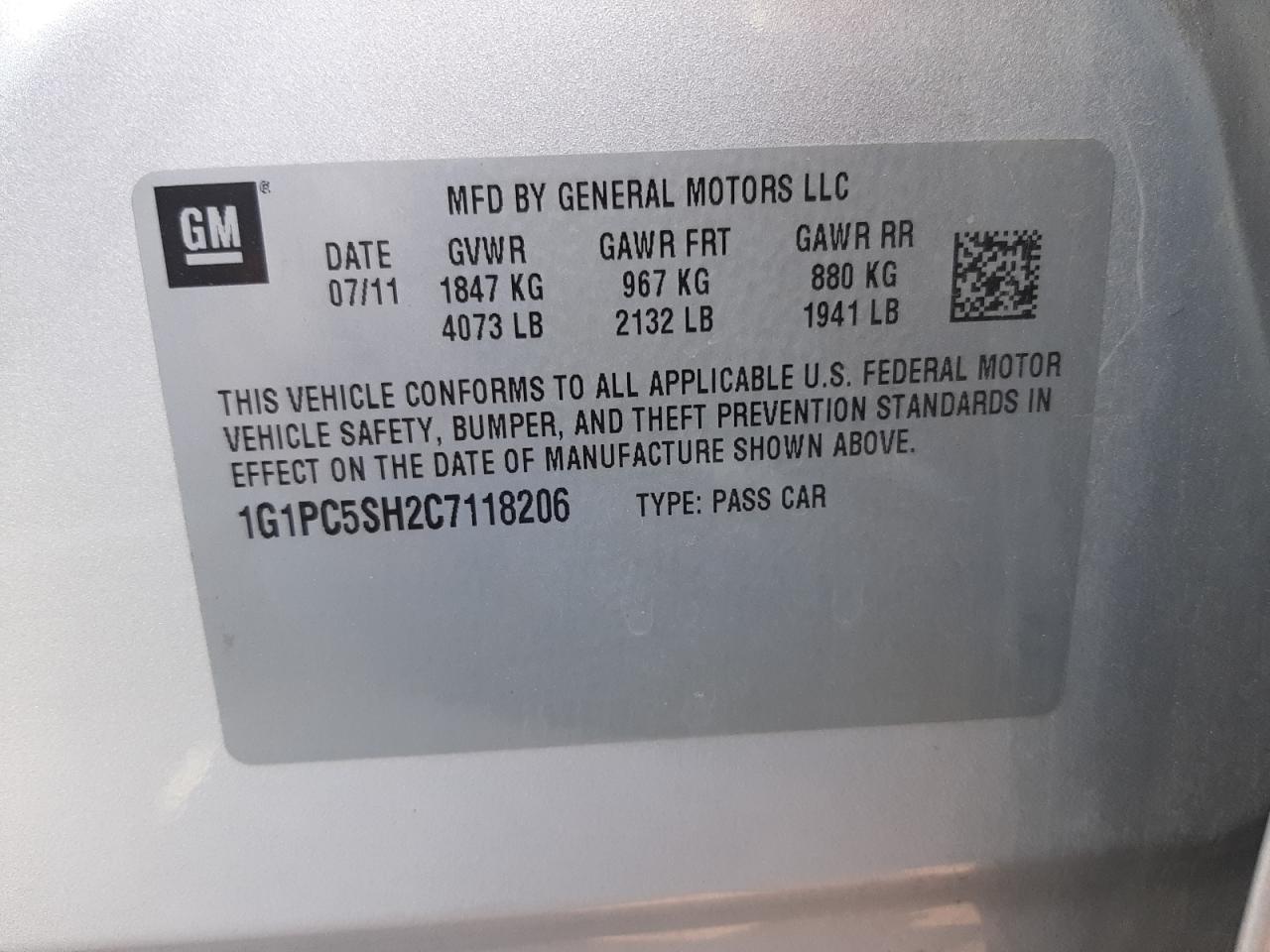 Photo 10 from auction – 2012 CHEVROLET CRUZE LS with VIN 1G1PC5SH2C7118206