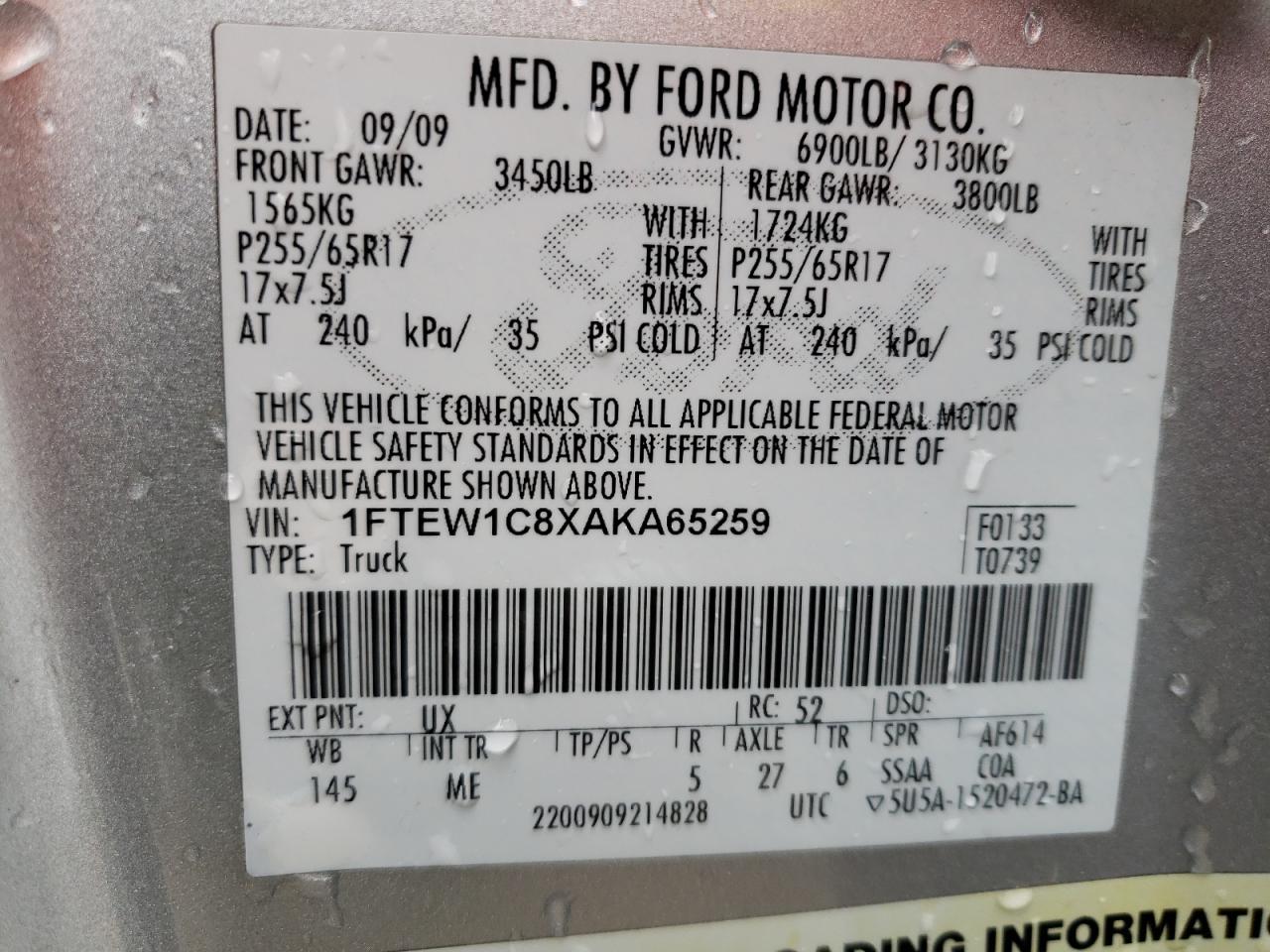 Photo 10 from auction – 2010 FORD F150 SUPER with VIN 1FTEW1C8XAKA65259