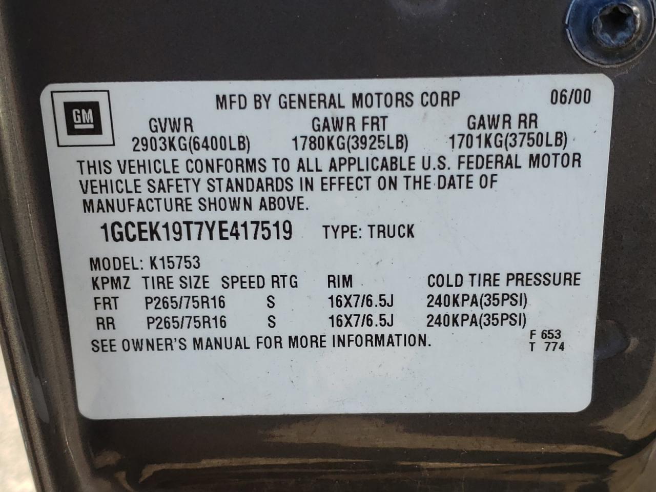 Foto 10 de la subasta – 2000 CHEVROLET SILVERADO con VIN 1GCEK19T7YE417519
