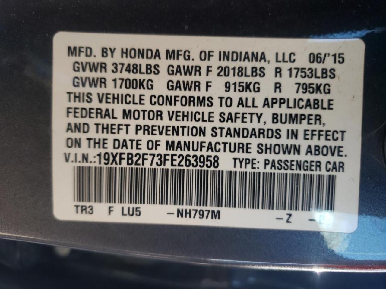Photo 10 from auction – 2015 HONDA CIVIC SE with VIN 19XFB2F73FE263958