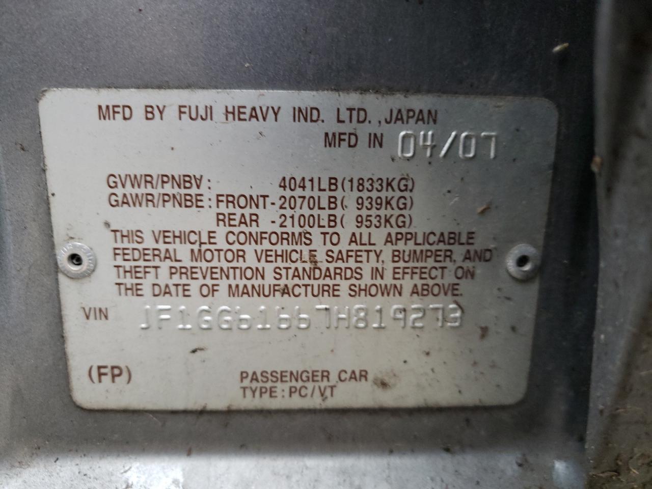 Photo 10 from auction – 2007 SUBARU IMPREZA with VIN JF1GG61667H819273