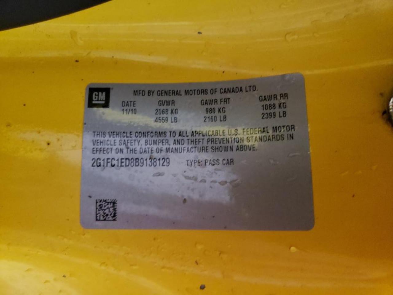 Photo 10 from auction – 2011 CHEVROLET CAMARO LT with VIN 2G1FC1ED8B9138129