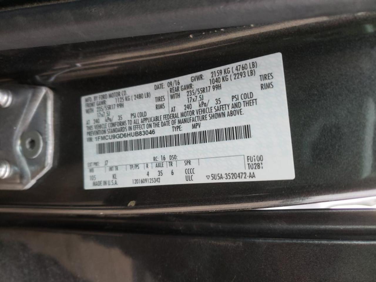 Photo 10 from auction – 2017 FORD ESCAPE SE with VIN 1FMCU9GD6HUB83046