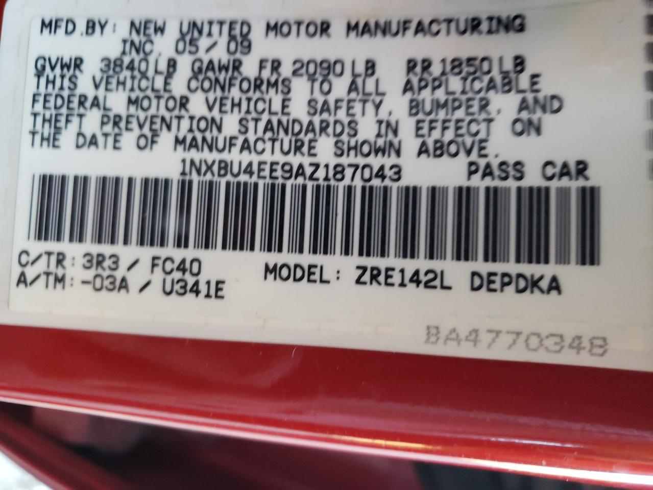 Photo 10 from auction – 2010 TOYOTA COROLLA with VIN 1NXBU4EE9AZ187043