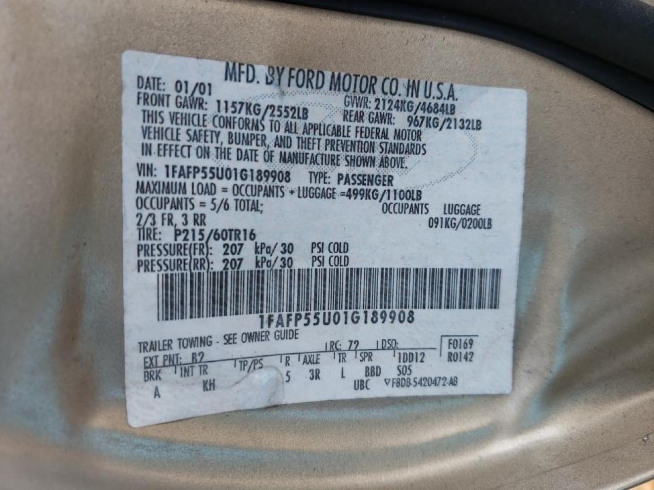 Photo 10 from auction – 2001 FORD TAURUS SES with VIN 1FAFP55U01G189908