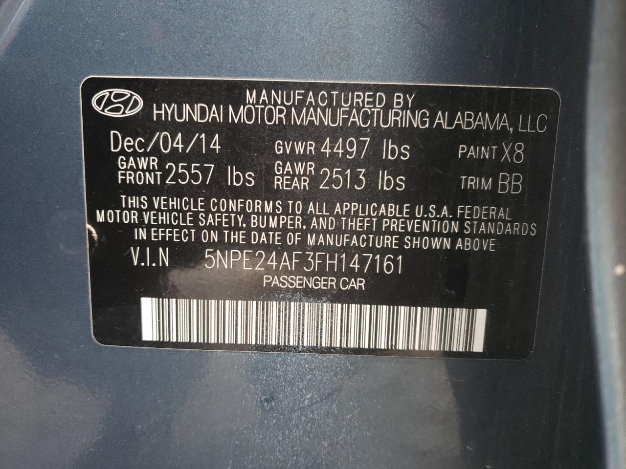 Photo 10 from auction – 2015 HYUNDAI SONATA SE with VIN 5NPE24AF3FH147161