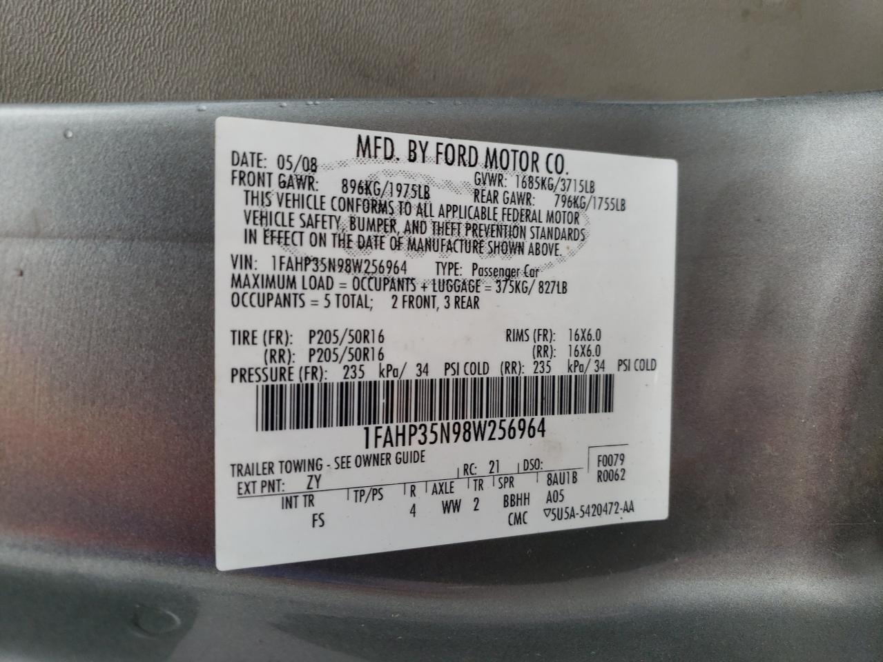 Photo 10 from auction – 2008 FORD FOCUS SE with VIN 1FAHP35N98W256964