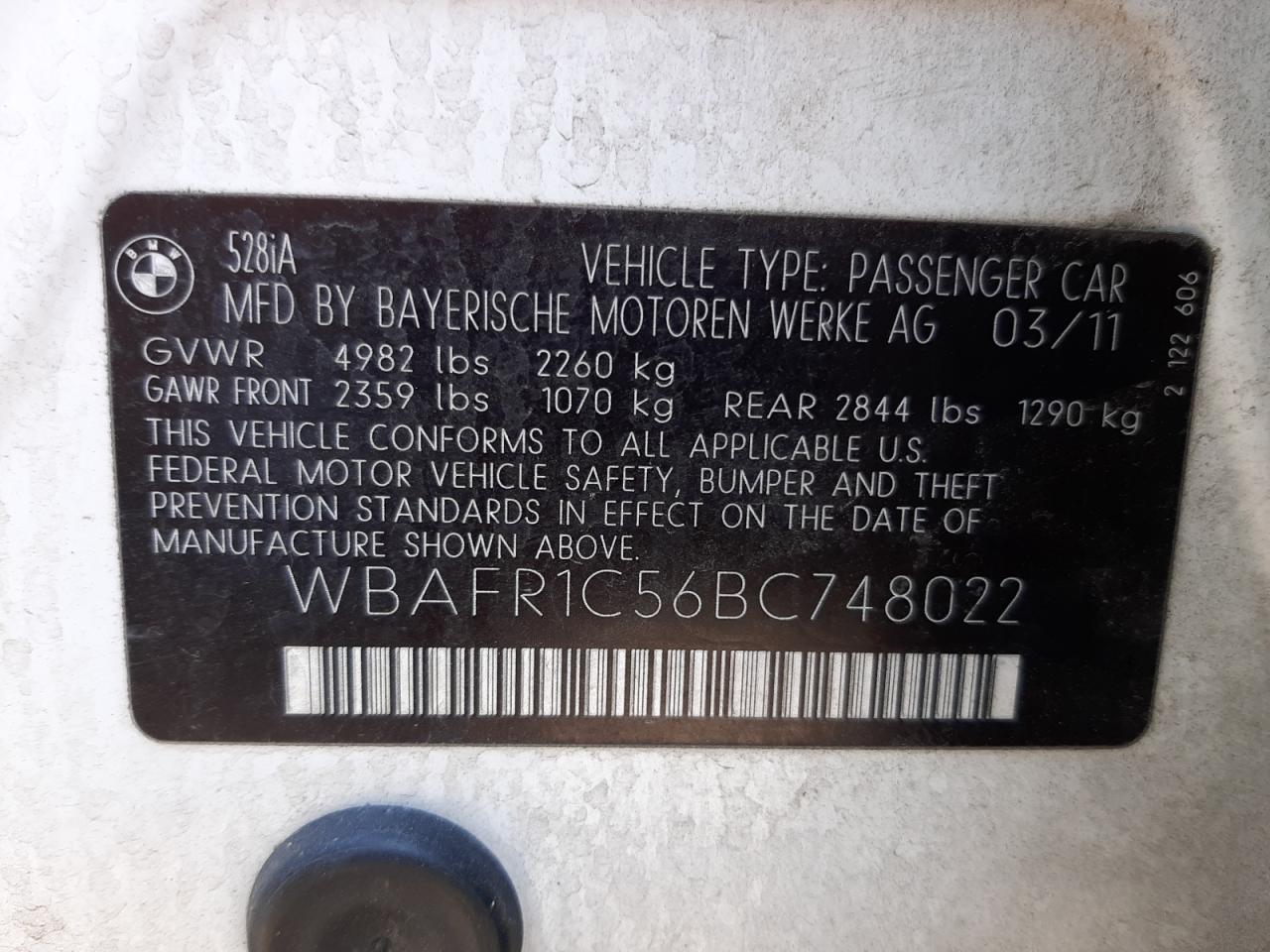 Photo 10 from auction – 2011 BMW 528 I with VIN WBAFR1C56BC748022