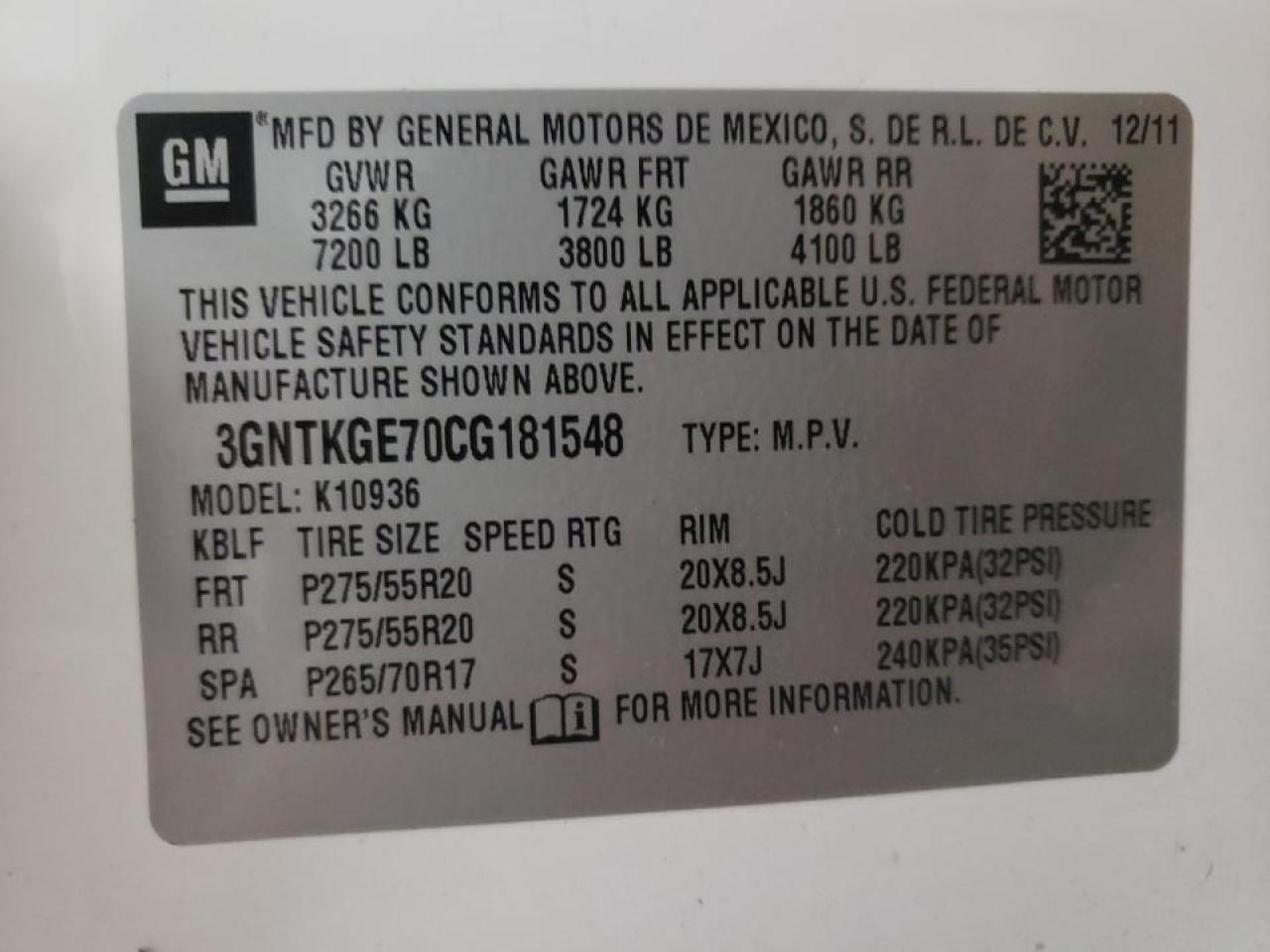 Photo 10 from auction – 2012 CHEVROLET AVALANCHE with VIN 3GNTKGE70CG181548